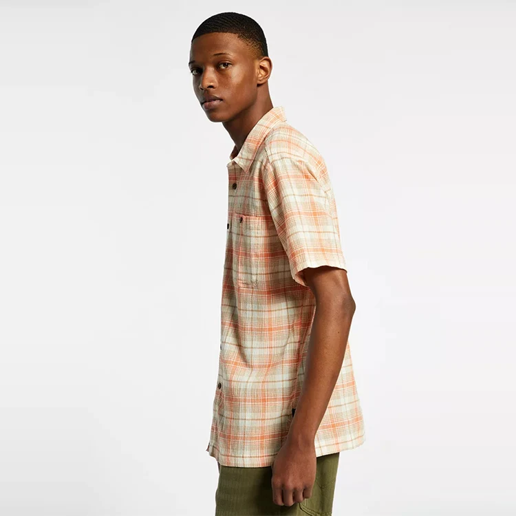 Oem Wholesale Turn-down Collar 100% Cotton Summer Orange Checked Short Sleeves Shirts For Men