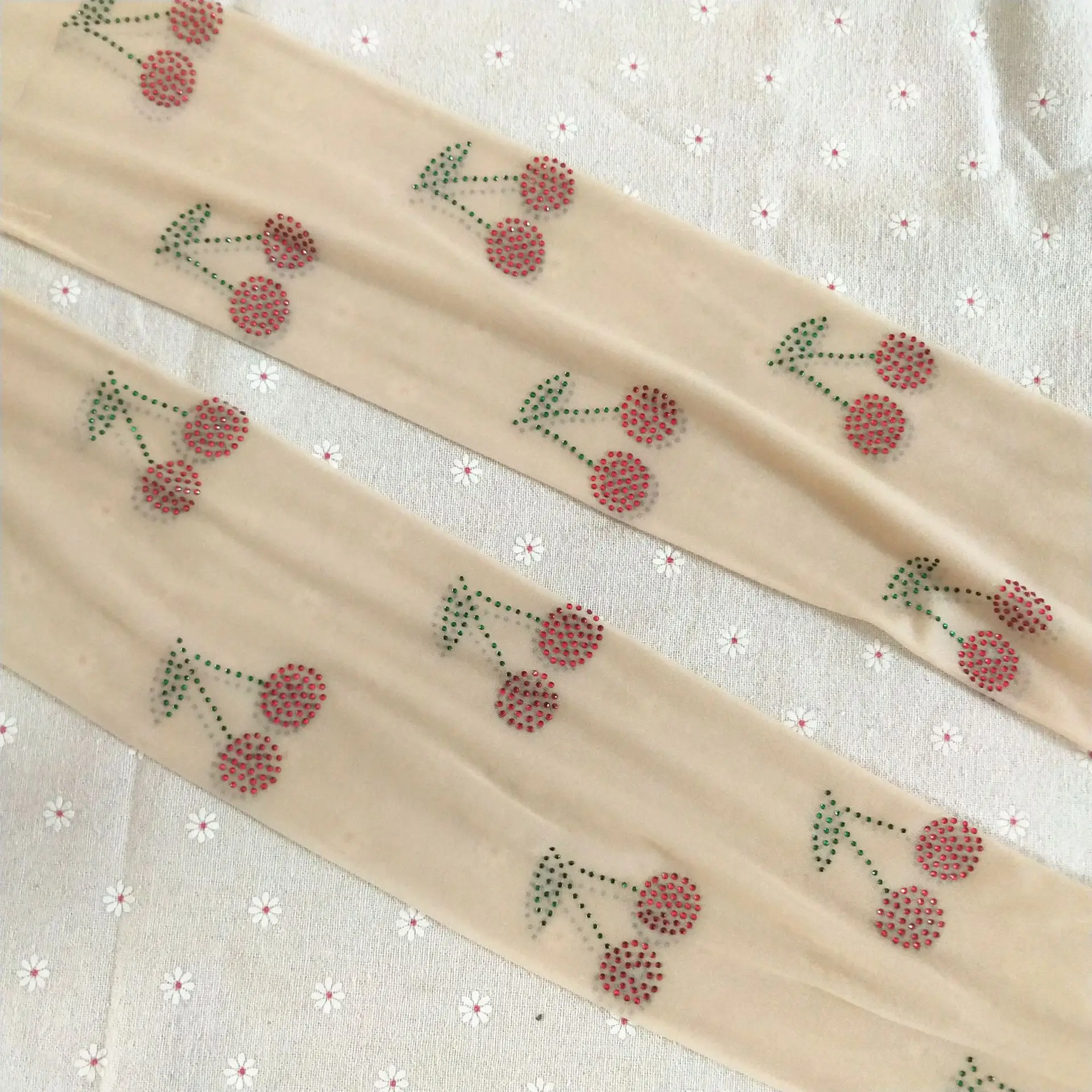 Sexy Mesh Nylon Legging High Waist Slim Stockings Woman Cherry Rhinestone Tights Pantyhose