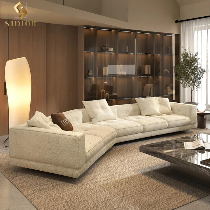 High End Furniture Minimalist Modern Grey Real Leather Sectional Linen Villa 8 Seater Couch Sofa Set L Shaped Corner Sofa Couch