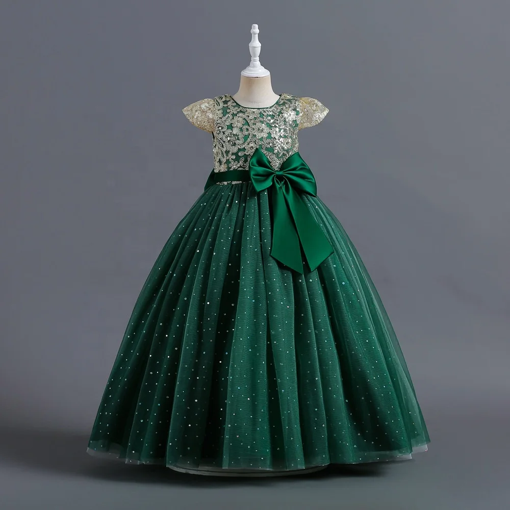 Fashion Satin Top Applique Sequins Short Sleeve Fluffy Tulle Kids Gown Children Wedding Party Little Flower Girls Dresses