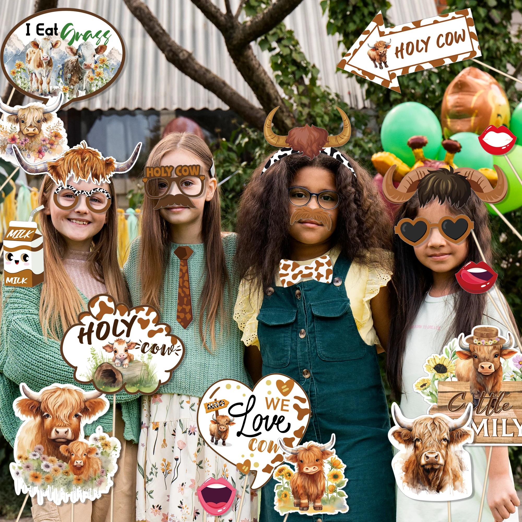 Huancai 25 PCS Highland Cow Photo Booth Props with Sticks Western Party Selfie Props Kit for Kids Birthday Party Supplies