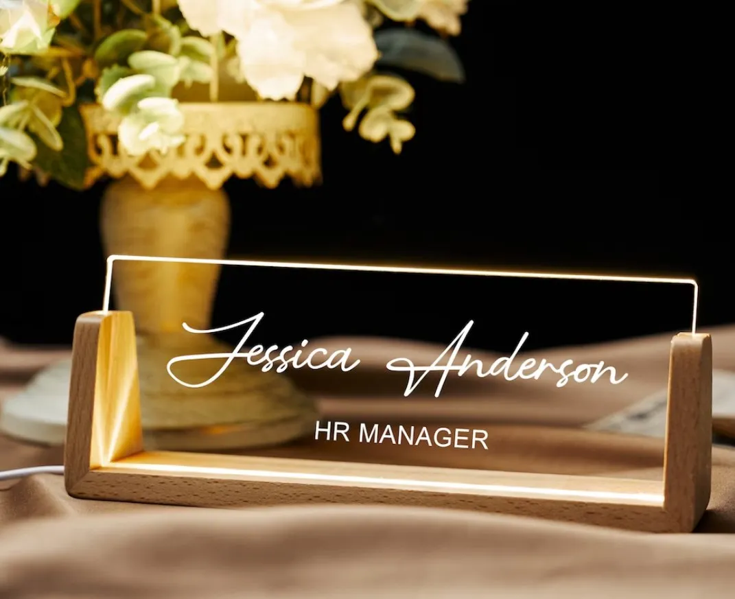 Office Personalized BOSS Coworkers gifts Modern Office Desk LED Lamp Lighted topper acrylic Desk Name Plate with Wooden Base