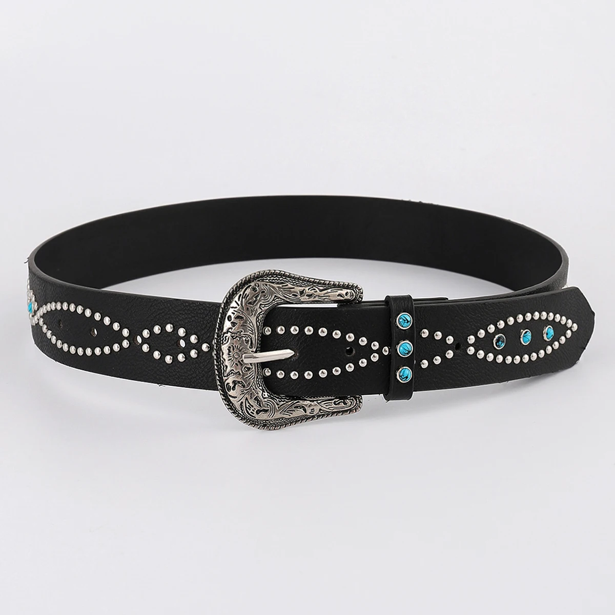 Rivet Decor Western Buckle Belts PU Leather Pant Jean Belt W/ Turquoise Silver Studs