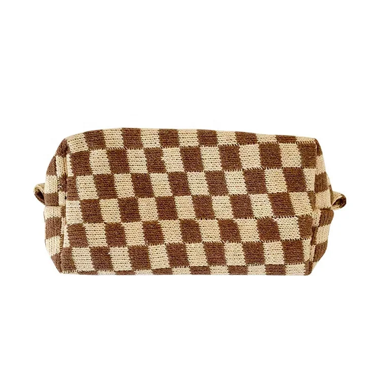 Portable Retro Knitted Women Cosmetiqueras Checkerboard Knitting Pouch Bag Contrast Makeup Case Cosmetic Bags Storage Bag