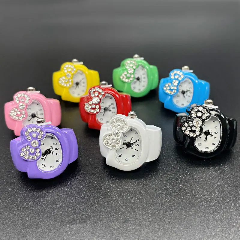 Hot Y2K Vintage Ring Watch Mini Finger Ring Dial Quartz Elastic Watchband Punk Silver Cute Cartoon Kitty Cat Steel Ring Watches