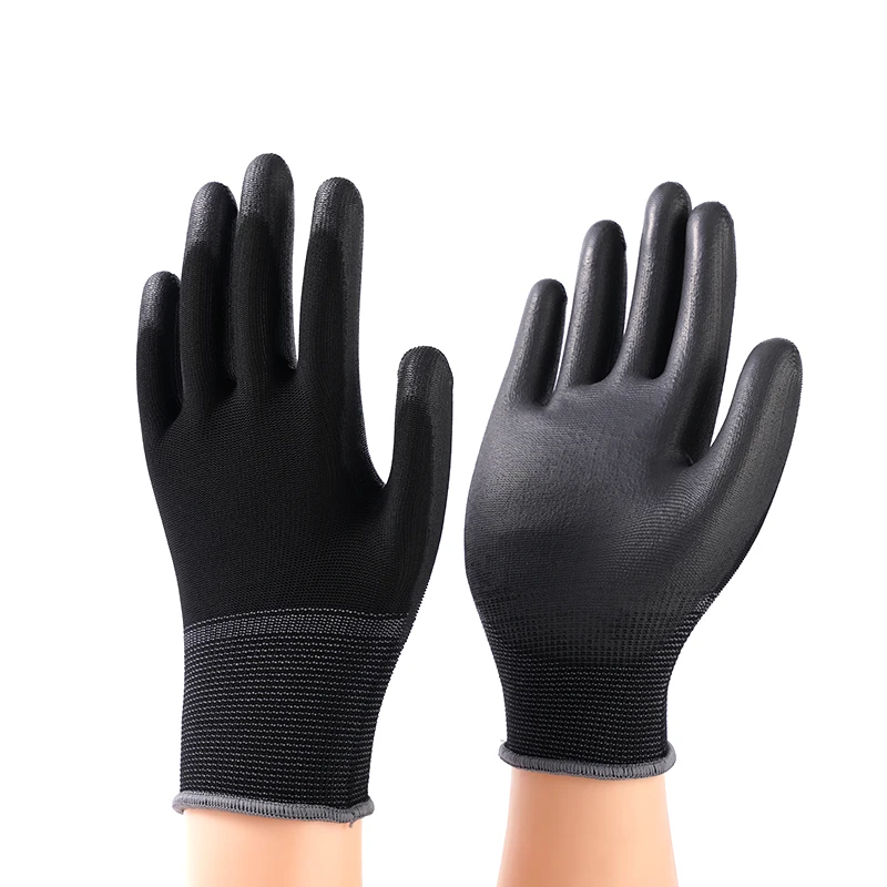 Smooth Pu Palm And Top Pu Coated Gloves Knitted Black Nylon Pu Coated Gloves Work