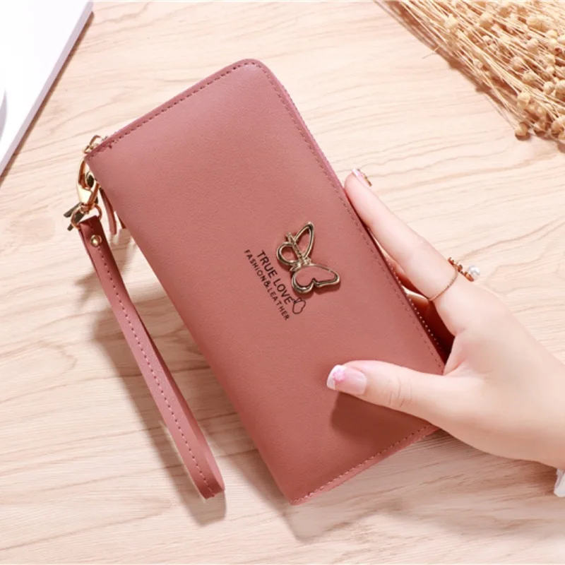 Pink PU Leather Trend Exquisite Butterfly Pattern Wallet Handle Long Money Pouch Card Holders Purse carteras para la playa