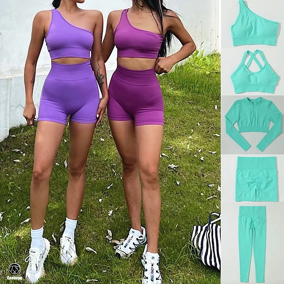 5 Pcs New Sexy Seamless Ropa De Yoga De Mujer Fitness Clothes for Women, Stylish Gym Bra + Top + Training Booty Shorts Leggings