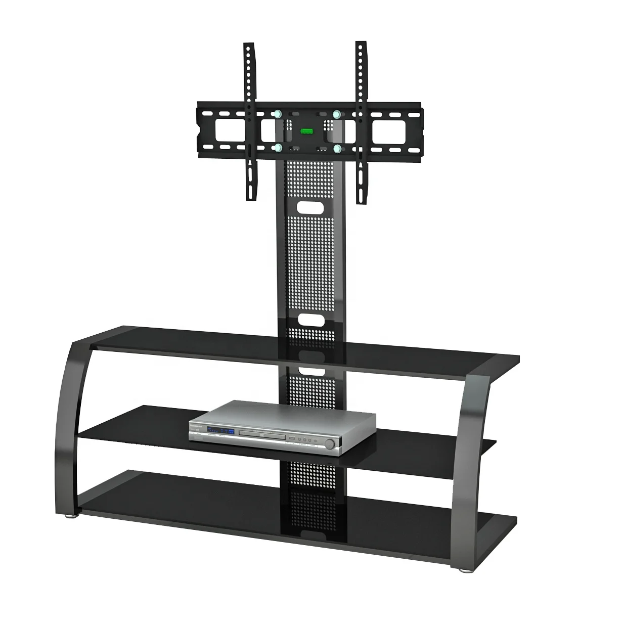 Новый модный дизайн, трехслойное черное стекло с металлической напольной подставкой для телевизора с кронштейном для телевизора 42 ~ 75 дюймов, ЖК/светодиодный ТВ-стол