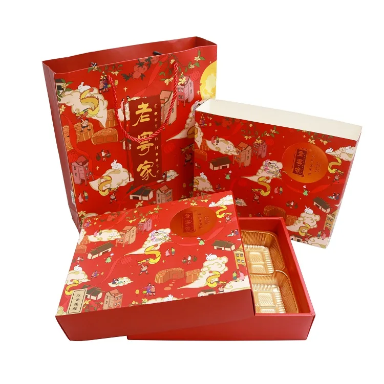 customized High-end 	logo red chinese cute rabbit moon cake 4 pice 150 g Mooncake cookie set square Paper Packaging premium box