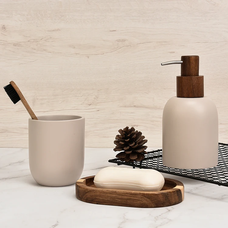 Simple Design Matte Finished Customizable Color Resin Hand Soap Dispenser Bottle with Natural Wood Lotion Pump