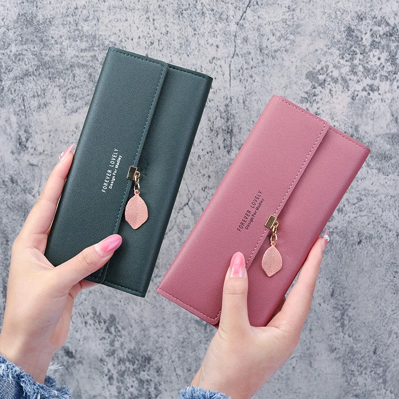 New multifunctional simple Leaf Pendant Long three fold wallet for  ladies  wallet wholesale