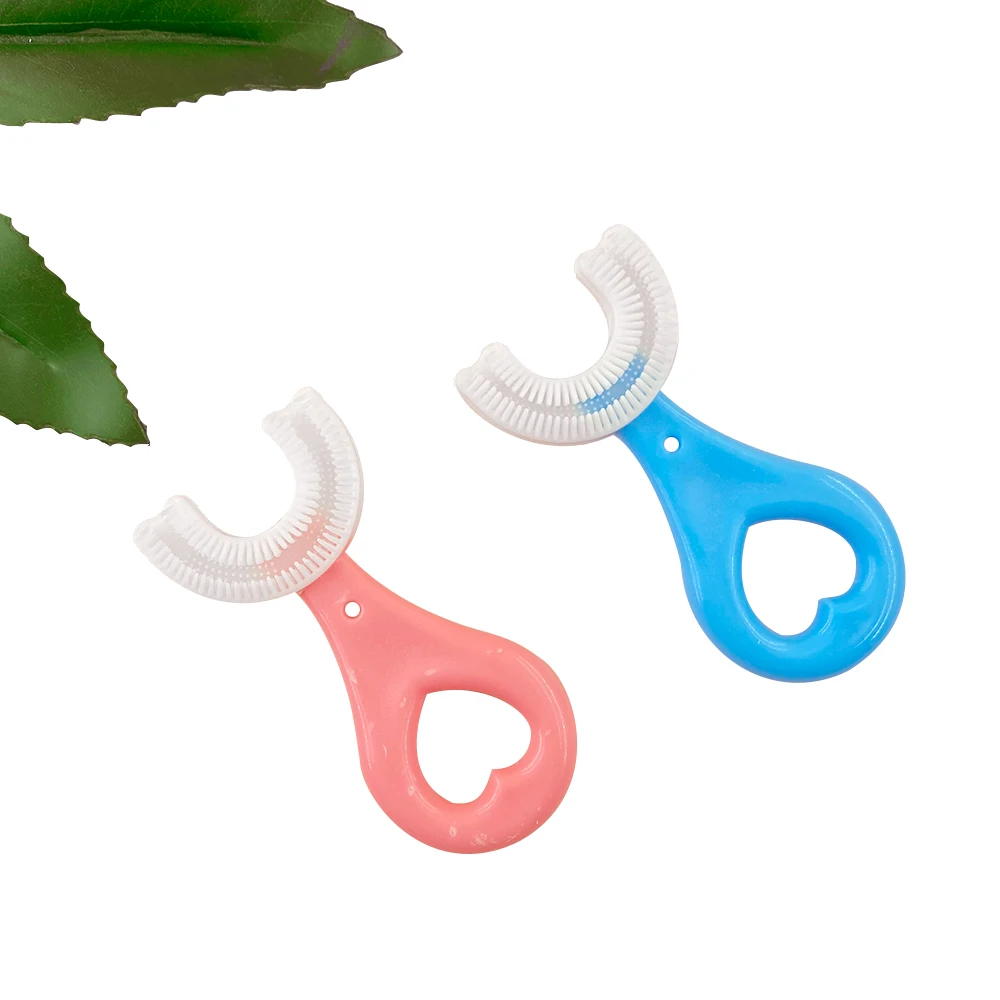 New Products In 2021 Super Soft Wrapped Brushing 45  Pasteurization Pink And Blue U Shape Kids  Toothbrush