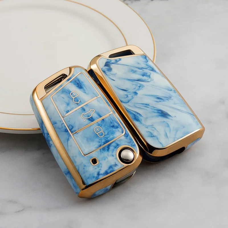 Marble design TPU Custom Car Key Cover fit for VW Golf PoloTiguan Passat Caddy Auto Folding Key Case Fob Remote bag