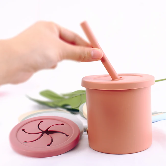 NON- spill 2 Lids in 1 Babe Drink Training Snack Catcher Kid BPA-free baby silicone food sippy cup with straw