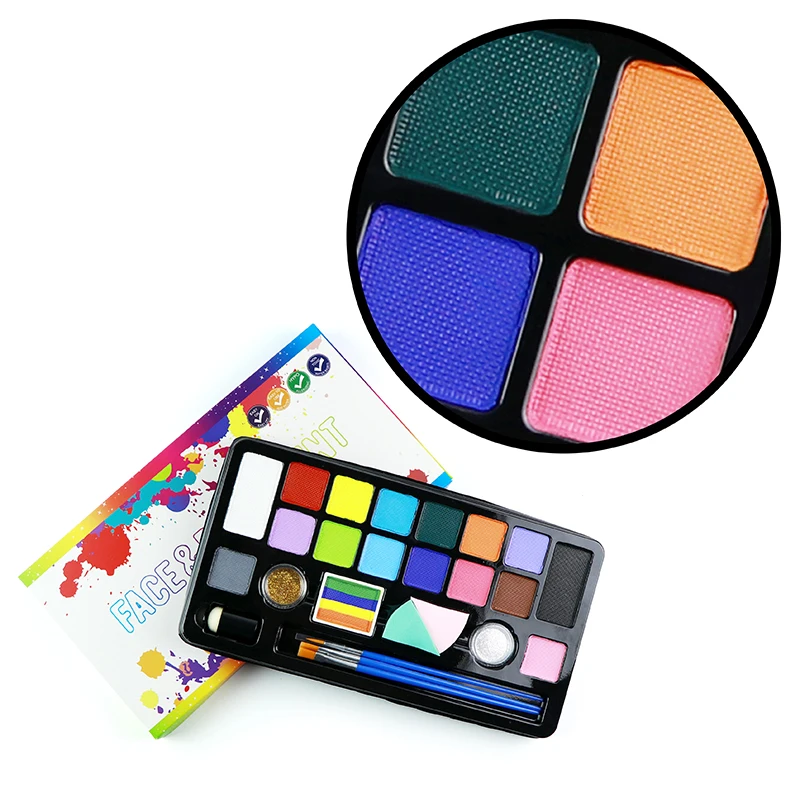 GP Professional 16 colors water based vegan split rainbow Face Body Paint kit with Glitter Stencils for kids Face Painting