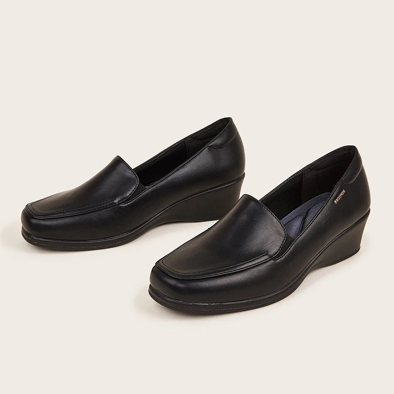 Elastic Band Square Toe Black Wedge Shoes Pumps Women Formal Work Office Bank Hotel Uniform Comfortable Close Shoes