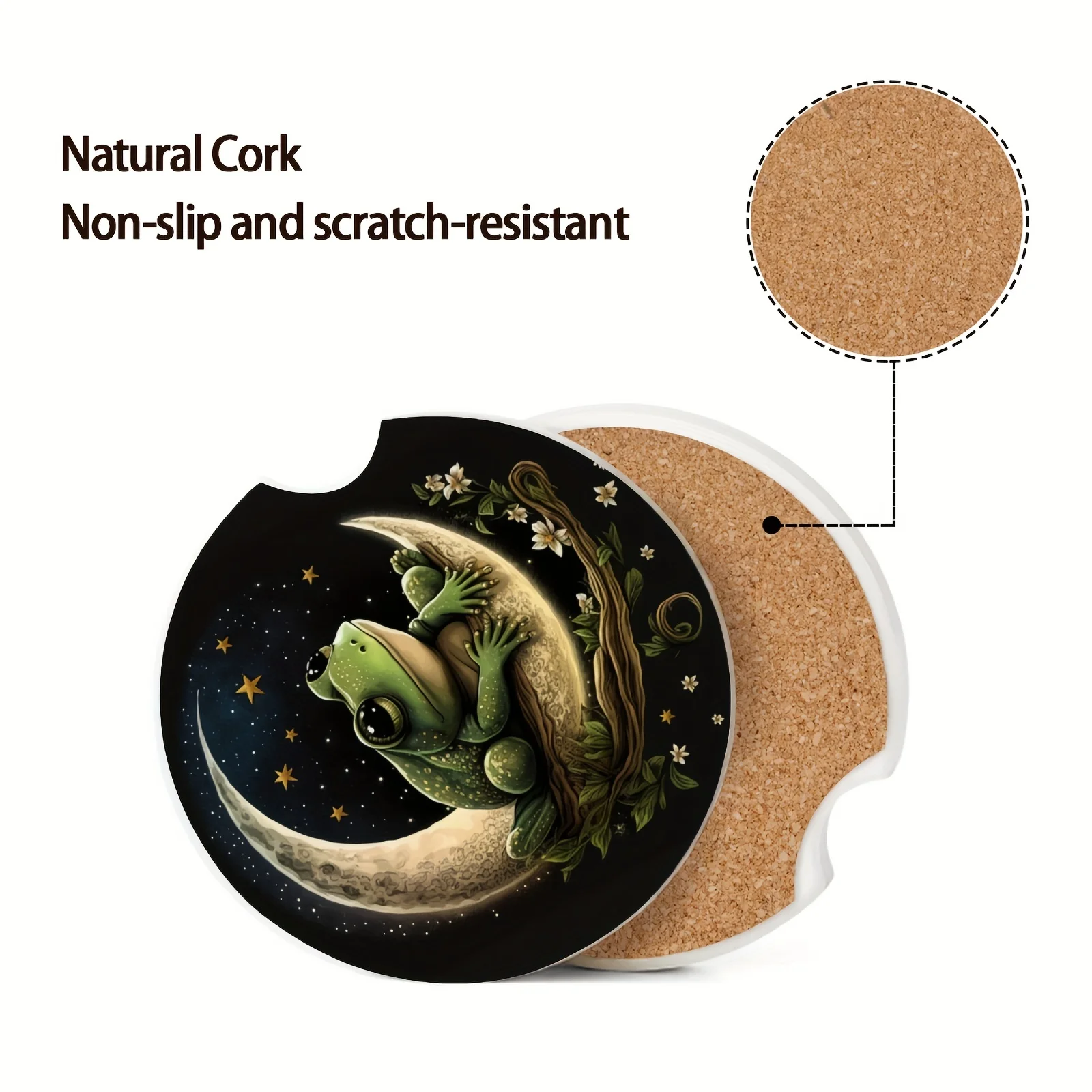 2pcs Frog and Moon Ceramic Coasters with Cork Back Promotional Car Cup Holders Finger Slot for Clean and Dry Storage