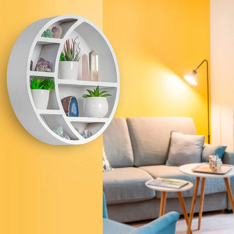 Rustic wooden moon shelf wooden wall mounted moon floating shelf