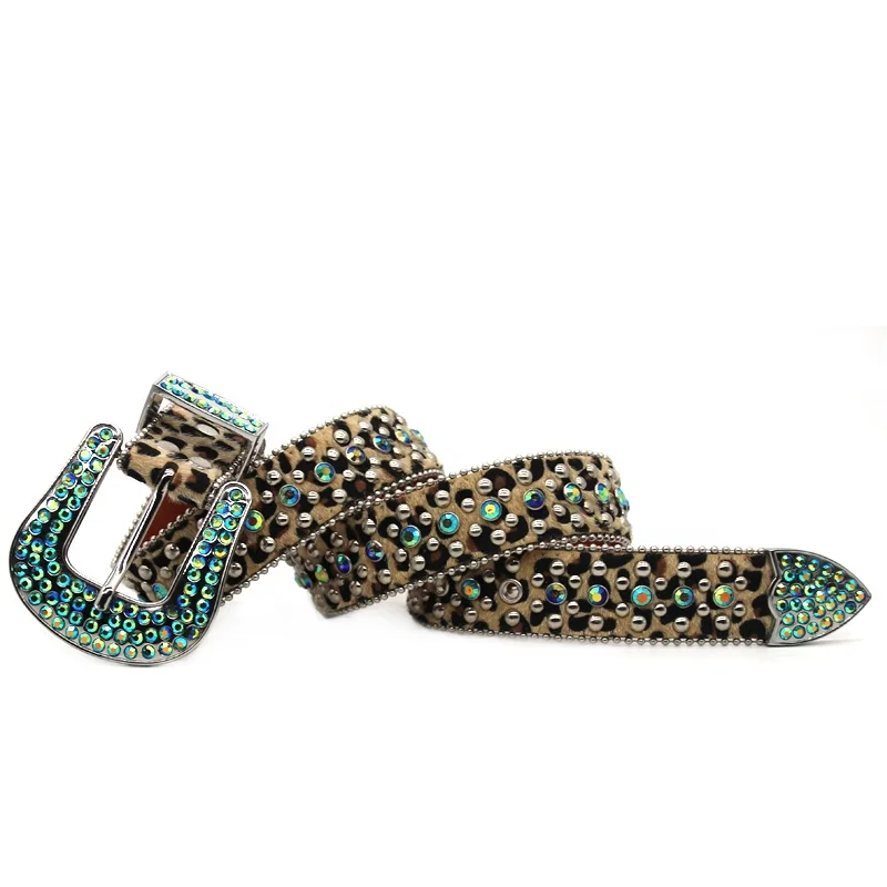 Brown Leopard Western Luxury Crystal Rhinestone Belt With Full Diamond Alloy Buckle Fashion Punk Trendy Diamond Belt