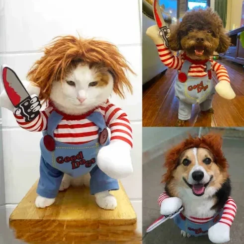 Hot selling funny pet chucky dog clothes cute doll Holding a Knife Halloween pet dog Costume