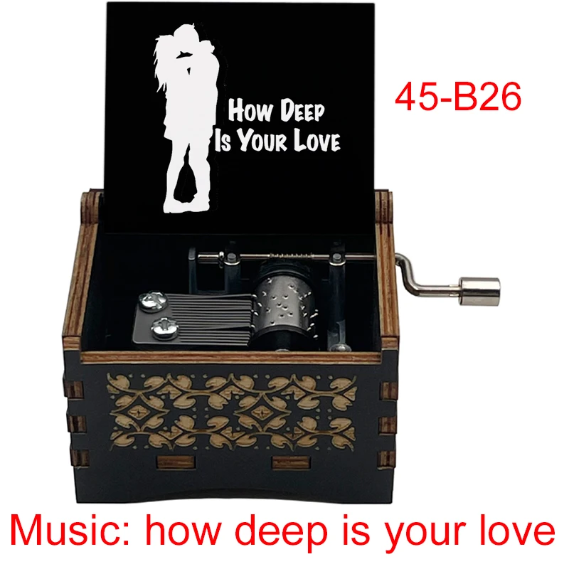 Custom How Deep is Your Love Hand Crank Music Box Wooden Black Luxury Gift Box for Office Home Ornament