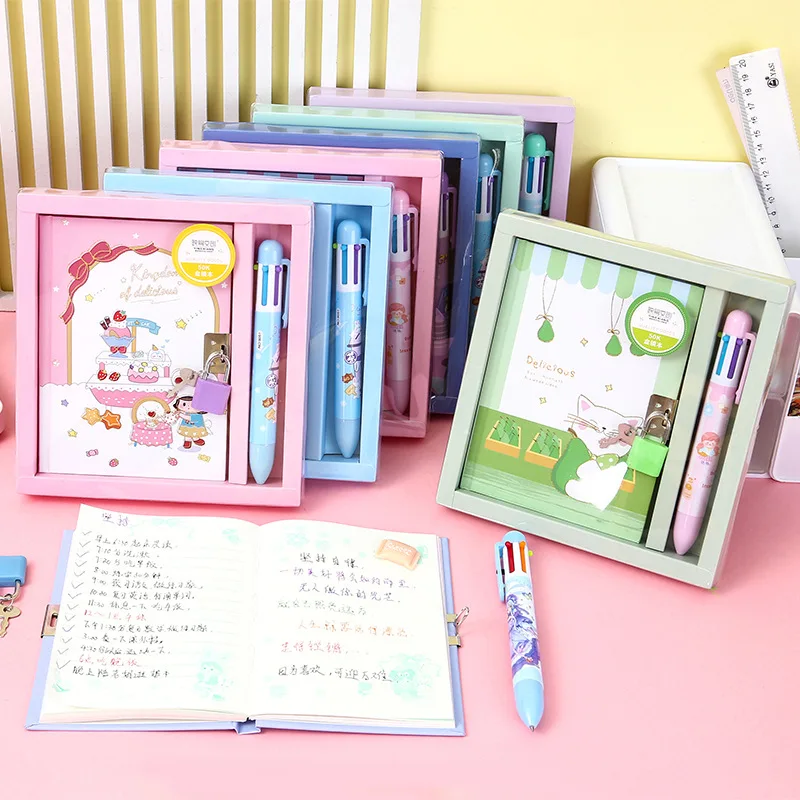Cartoon diary journal lockable kawaii kids gift set diary children gift notebook with lock key Back to School stationery sets