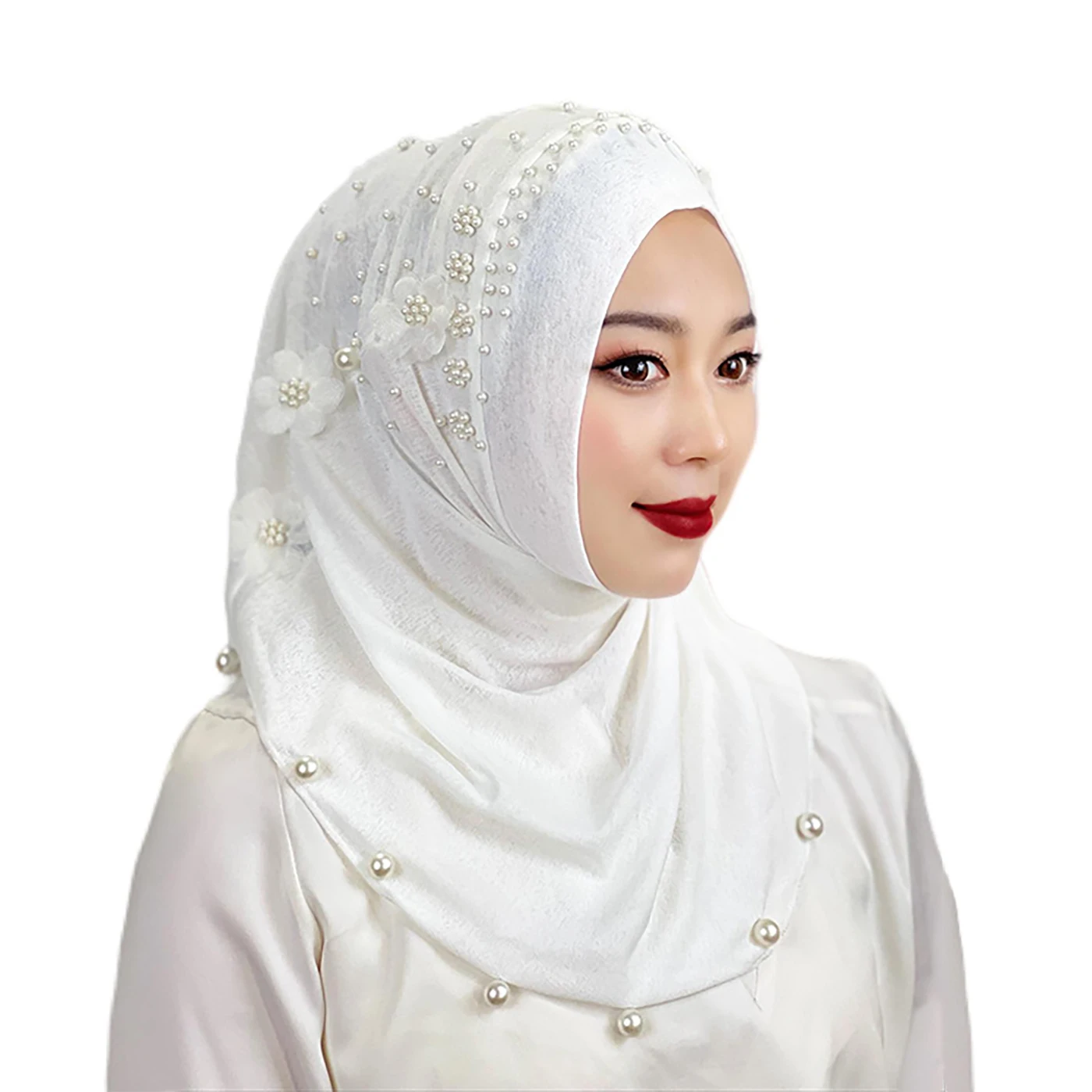 High Quality Muslim Pearl Shawl Pin Beaded Design Women Flower Instant Headscarf Islamic Satin Ladies Hijab