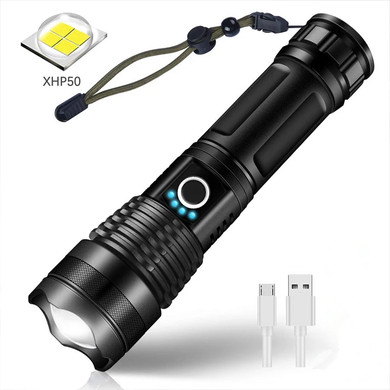 Black Aluminum Alloy Waterproof High Brightness USB Rechargeable Tactical P50 Most Powerful Portable LED Zoom Flashlight Outdoor