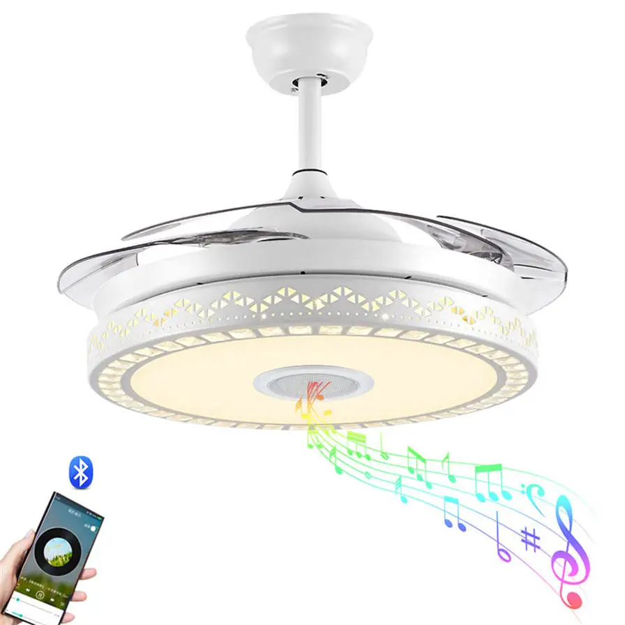 Invisible Ceiling Fan Light with Speaker 7 Colors LED Dining Room Ceiling Home Pendant Light with Remote Control 36W