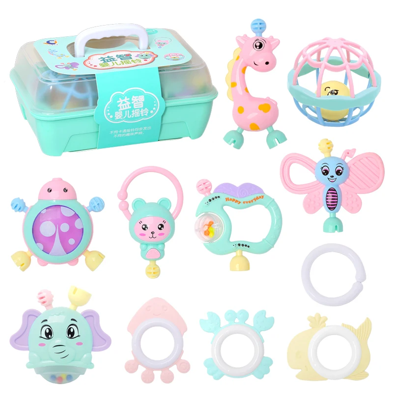 High Quality 11PCS Small Baby Rattles Teether Plastic Toys Rattle Teething Toy Gift Set With Portable Box
