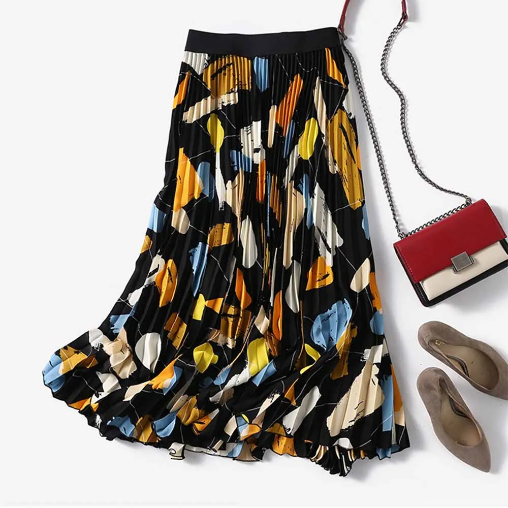 Korean Elastic Waist Printed Summer Skirt VD3099 Elegant High Waisted Women Pleated Long Midi Skirts in Black
