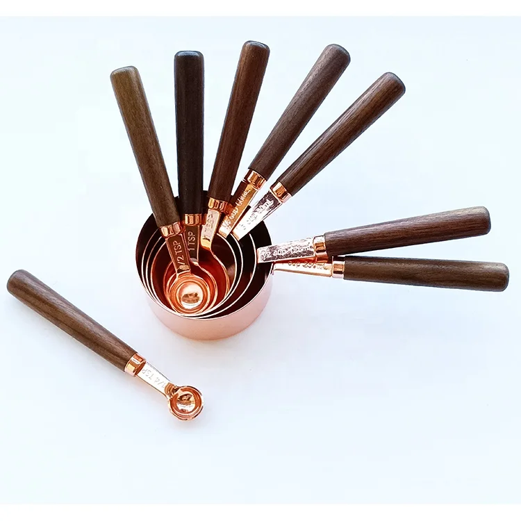 Gold Copper Stainless Steel Measuring Cups and Spoons Set 8 Pieces Engraved Measurements Measuring Cup & Spoon