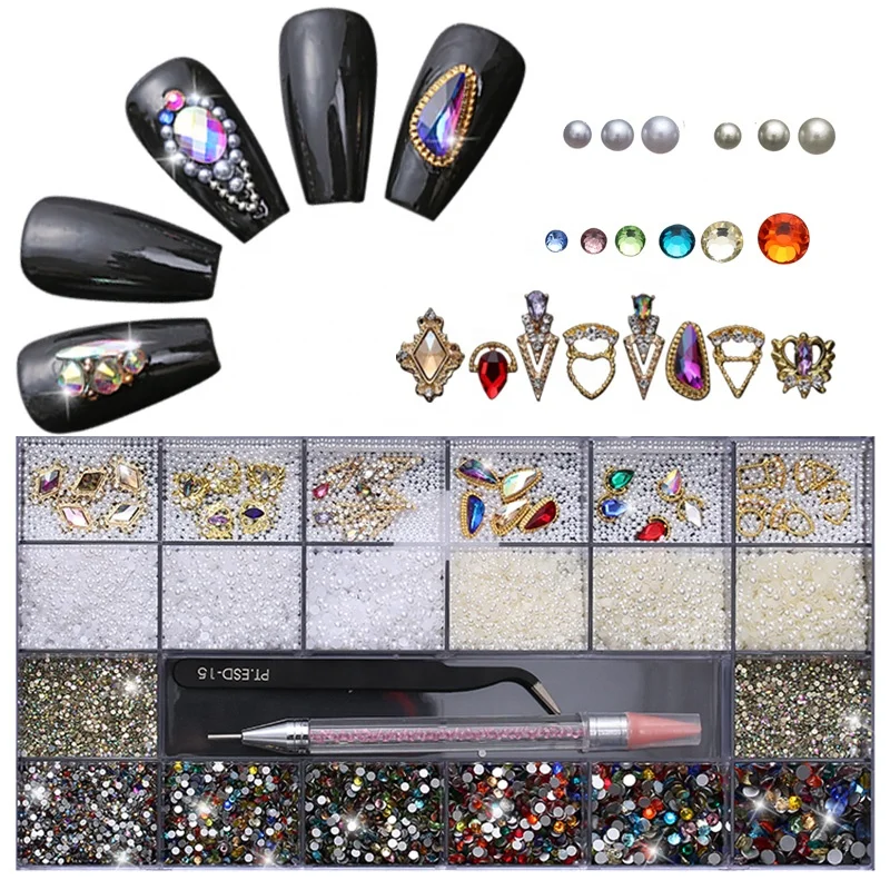 
New Design Nail Art Set Mixed With Acrylic Nail Rhinestones Nail Pearls By Jewelry Box Packing 