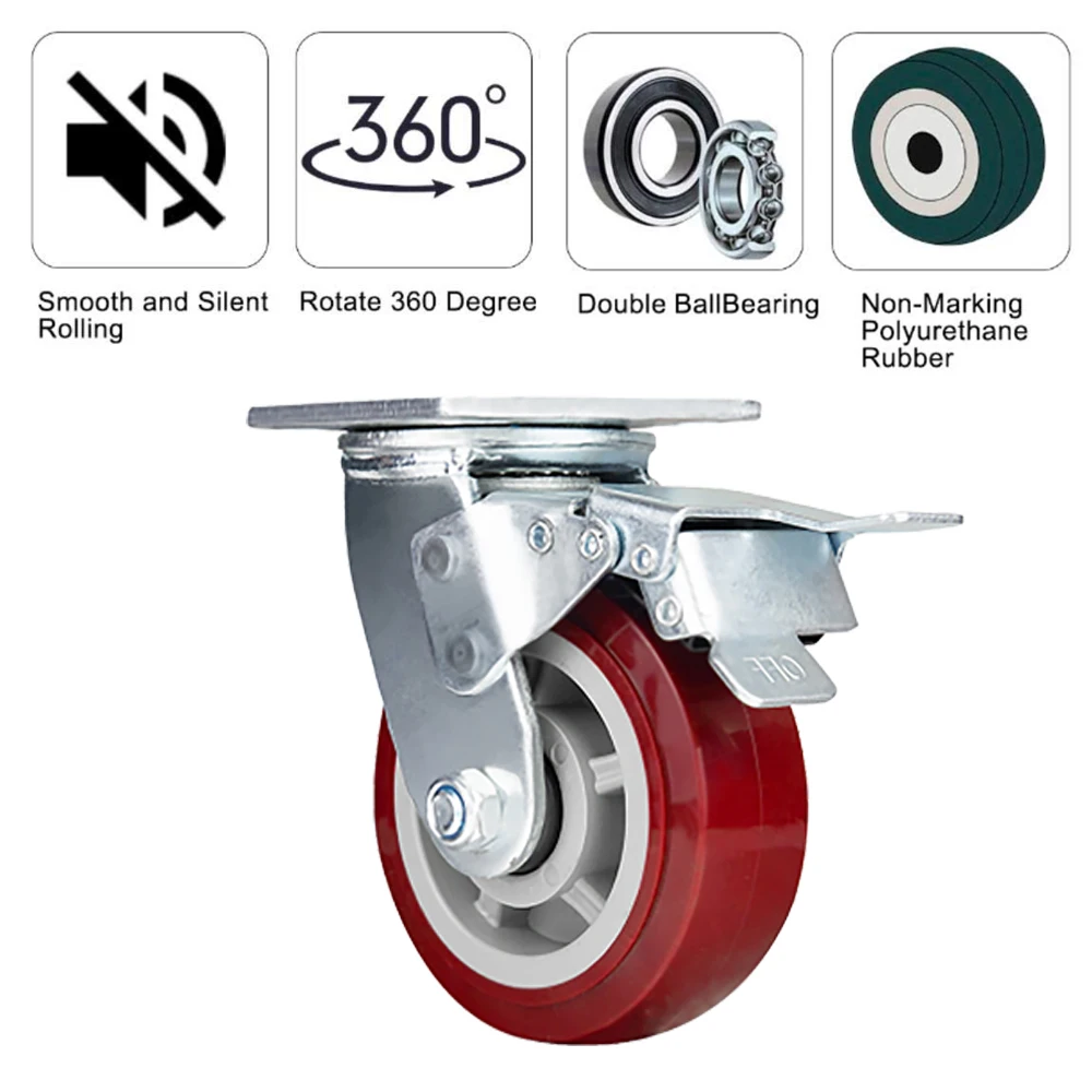 red 4 inch PU rubber 250 kg load capacity high quality swivel removable caster low noise casters and wheel