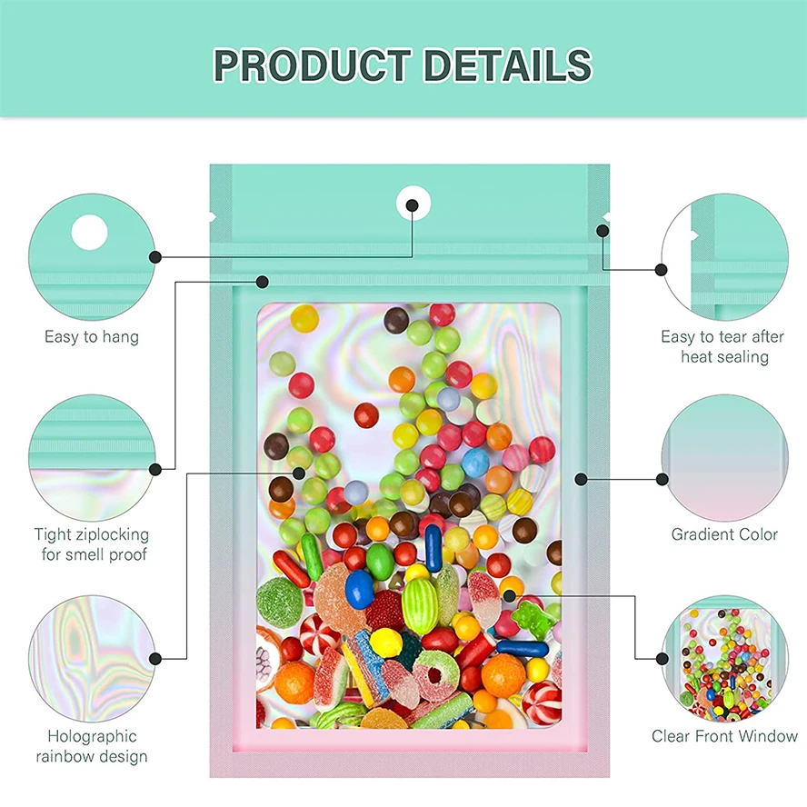 100pcs Gradient Green Pink Holographic Ziplock Pouch PS Flat Self Seal Mylar Bag with Clear Front Window Aluminum Foil Pouch