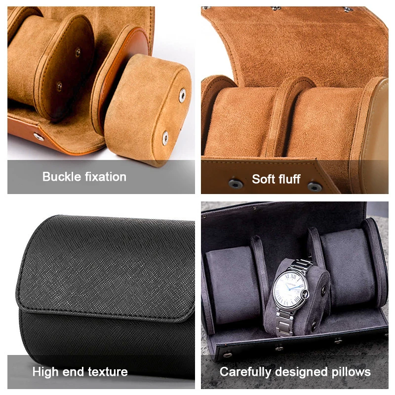 Premium black 3 slots slide pu leather storage watch roll boxes cases organizer luxury custom branded logo with pillow