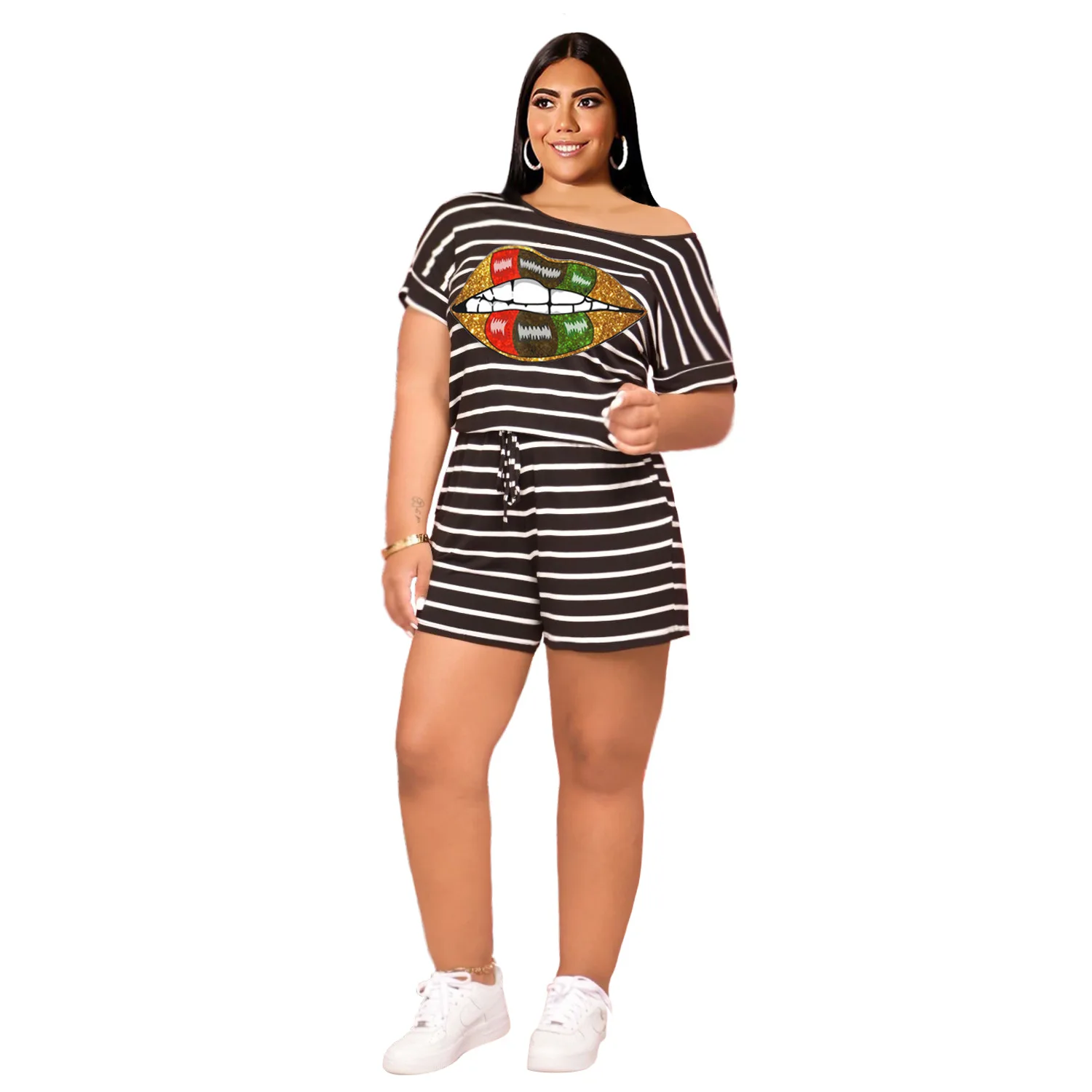 Womens Casual Two Piece Outfits Stripe Printed T-Shirts Tops and Shorts Set Plus Size Joggers Loungwear Tracksuits Rompers