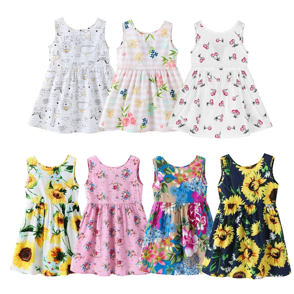 
1-7 Years Baby Girls Sleeveless Flower Print Dresses Clothes Kids Summer Princess Dress Children Party Ball Pageant Dress Outfit 