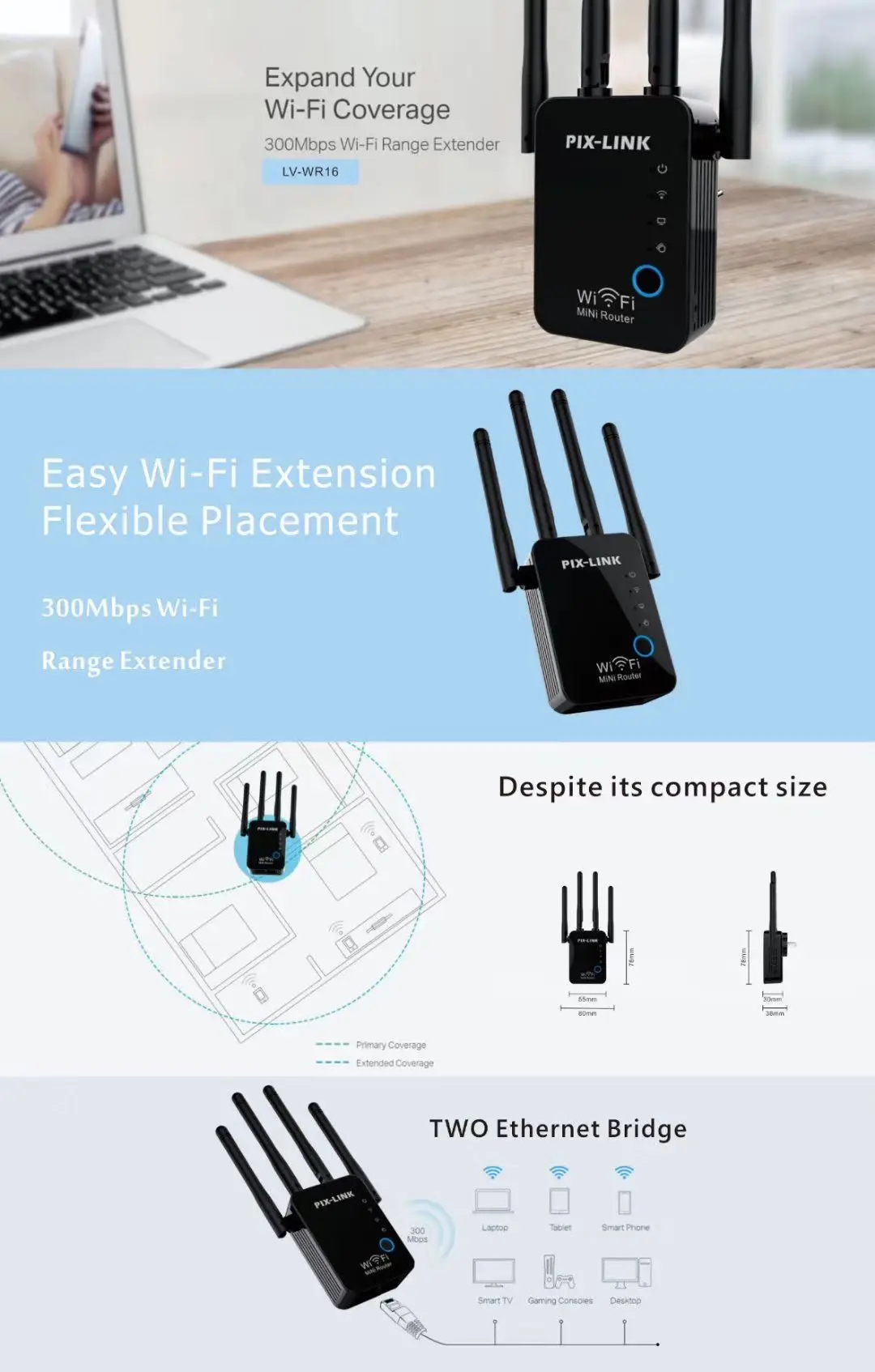 LV-WR16Q 300 Мбит/с USB расширитель диапазона сигнала Wi Fi Ретранслятор сеть четыре антенны Wi-Fi усилитель беспроводной