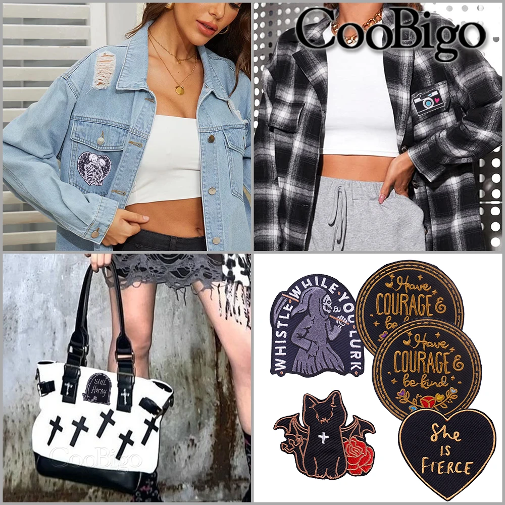 50pcs Iron On Punk Embroidery Patch Small Thermal Sticker Applique for Clothes Bags Patchwork Heat Adhesive Cat Flower Heart Sku