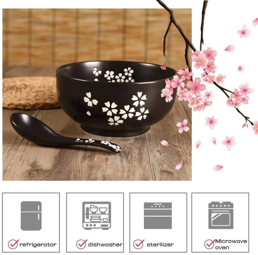 Japanese Cuisine Bowl Set with Wooden Lid Ceramics Sakura Ramen bowl Ceramic Instant Noodle Salad Soup Rice Bowl