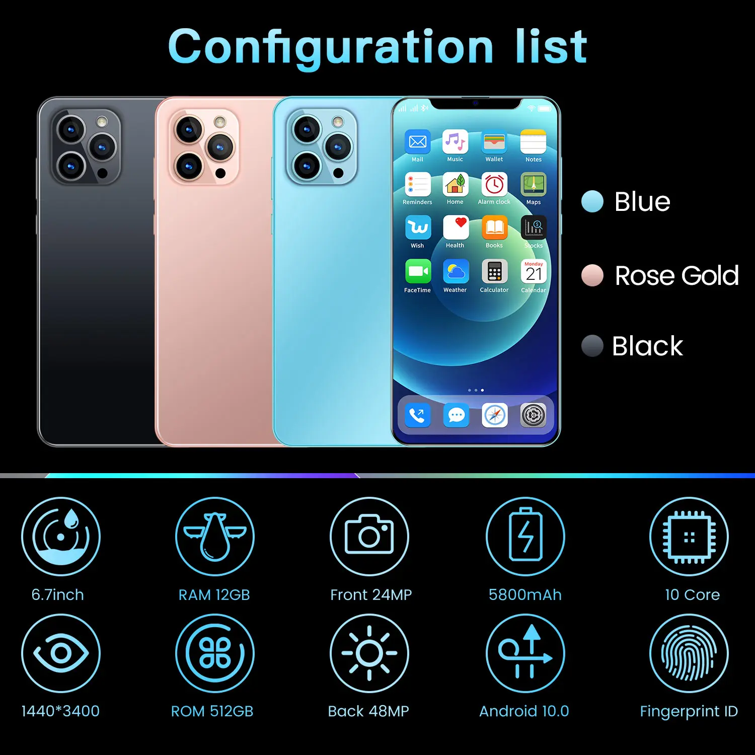 2021 Newest cheap smartphone  i12 Pro Max 6.7inch U-Screen  Mobile phones 12GB RAM 512GB ROM 21MP+48MP dual  Camera cellphone