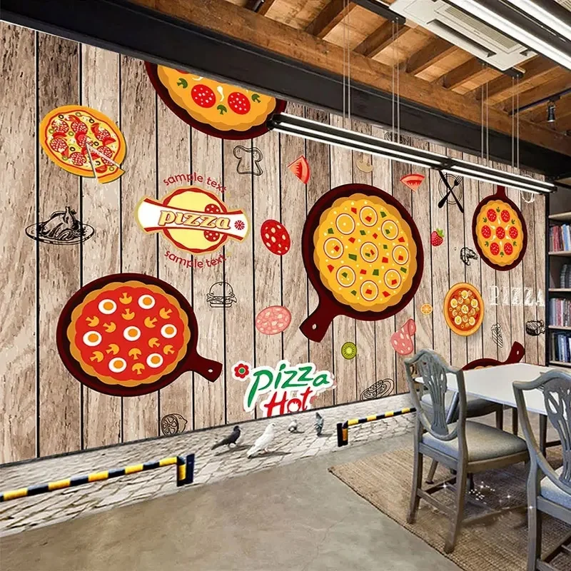 Customized mural 3D wooden pizza Western restaurant coffee shop photo wallpaper
