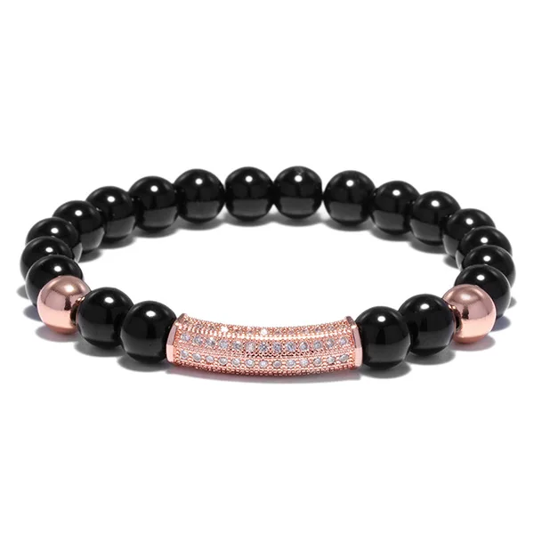 Brand New Copper Bead 8mm Natural Black Onyx Strand Rose gold silver Bracelet Micro Pave CZ Curved Tube Charm Bracelet