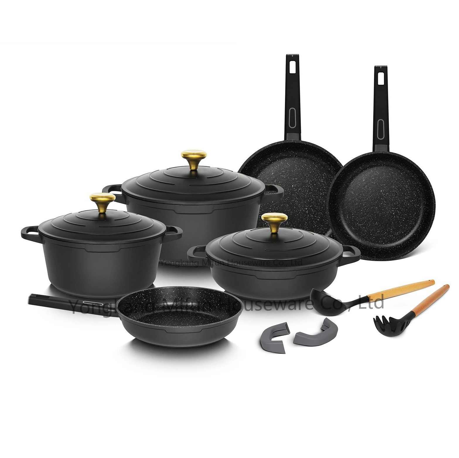 9pcs Die Cast Aluminum Marble Coating Cookware Sets With Glass Lid Black Nonstick Cookware Set Frying Pan Casserole