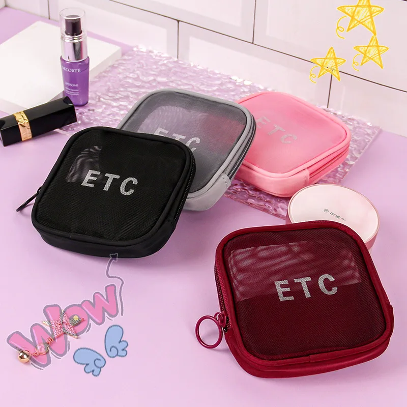custom logo flat Toiletry washable cosmetic organizer light mesh net Beauty travel kit gauze makeup bag storage Cosmetic Bag
