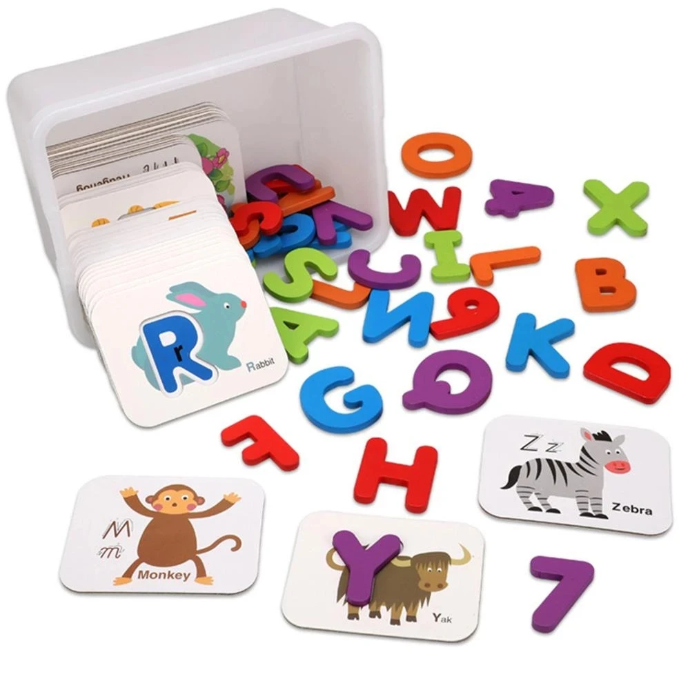 ABC Wooden Numbers and Alphabets Flash Cards Set For Kids Animal Card Board Matching Puzzle Game