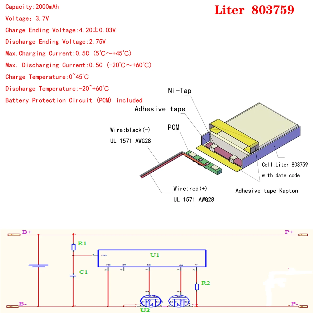803759 3.7v 2000mah Rechargeable lithium polymer cells / battery with two lines