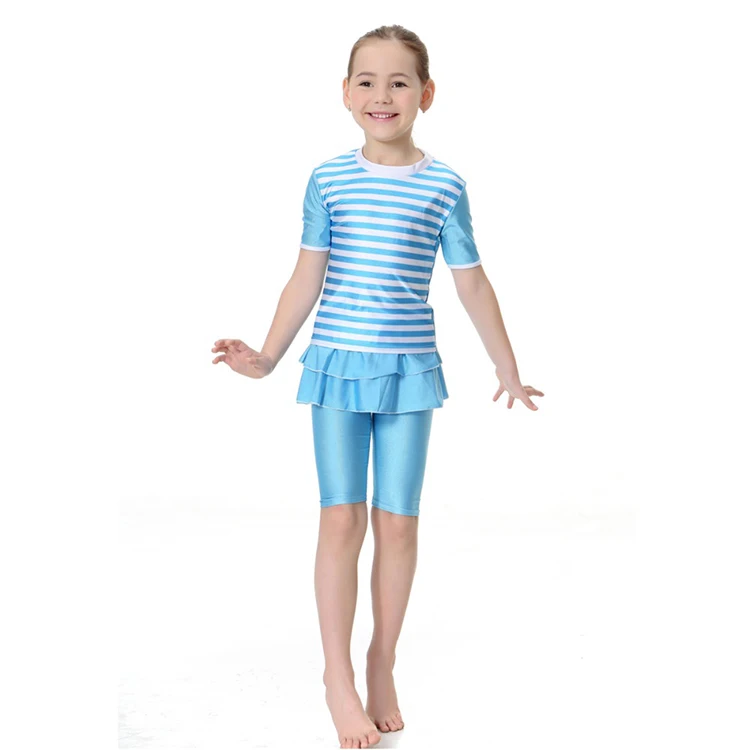 2021 Children Cute Islamic Swimsuit Blue Kids Bathing Suit Muslim Two-piece Modest Girls Short Sleeve Swimwear Skirted